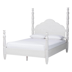 Baxton Studio Martino Four-Poster Platform Bed - Sculpted Post Bed Frame with Panel Headboard, Vintage Spindle Bed, White, King